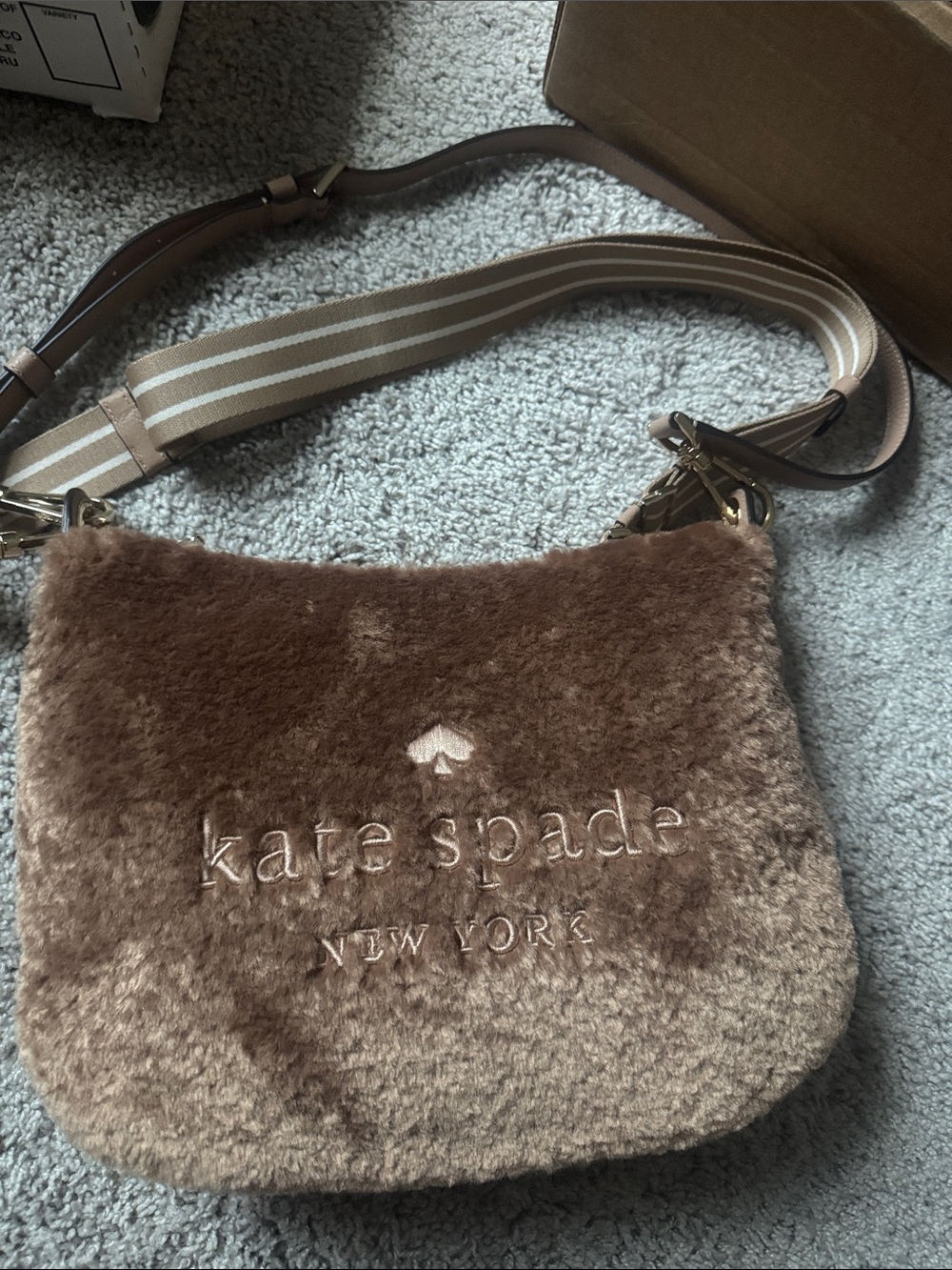 kate spade Plush Brown Crossbody with Striped Strap